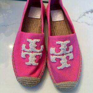 Tory Burch Pink Espadrilles with Decorative Emblem and Jute Sole